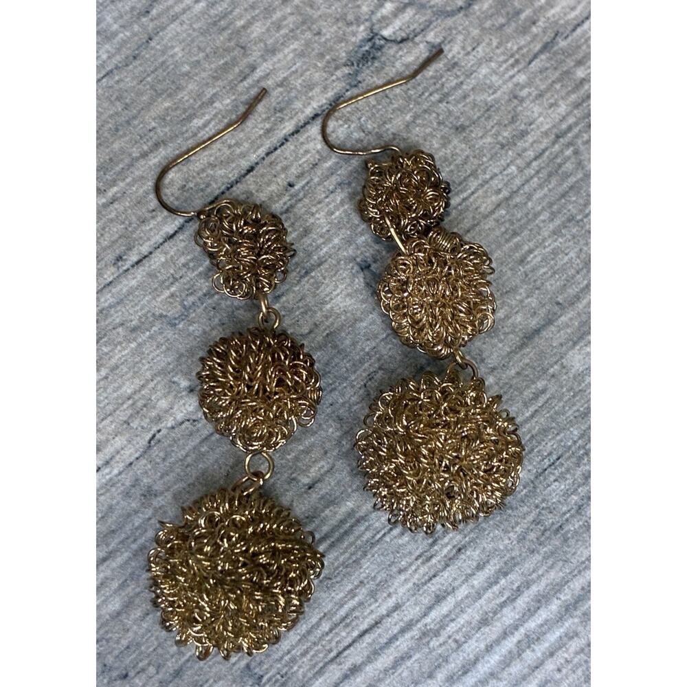 Vintage 90s Kenneth Jay Lane KJL Gold Woven Wire Drop Earrings French Wire - Picture 3 of 5